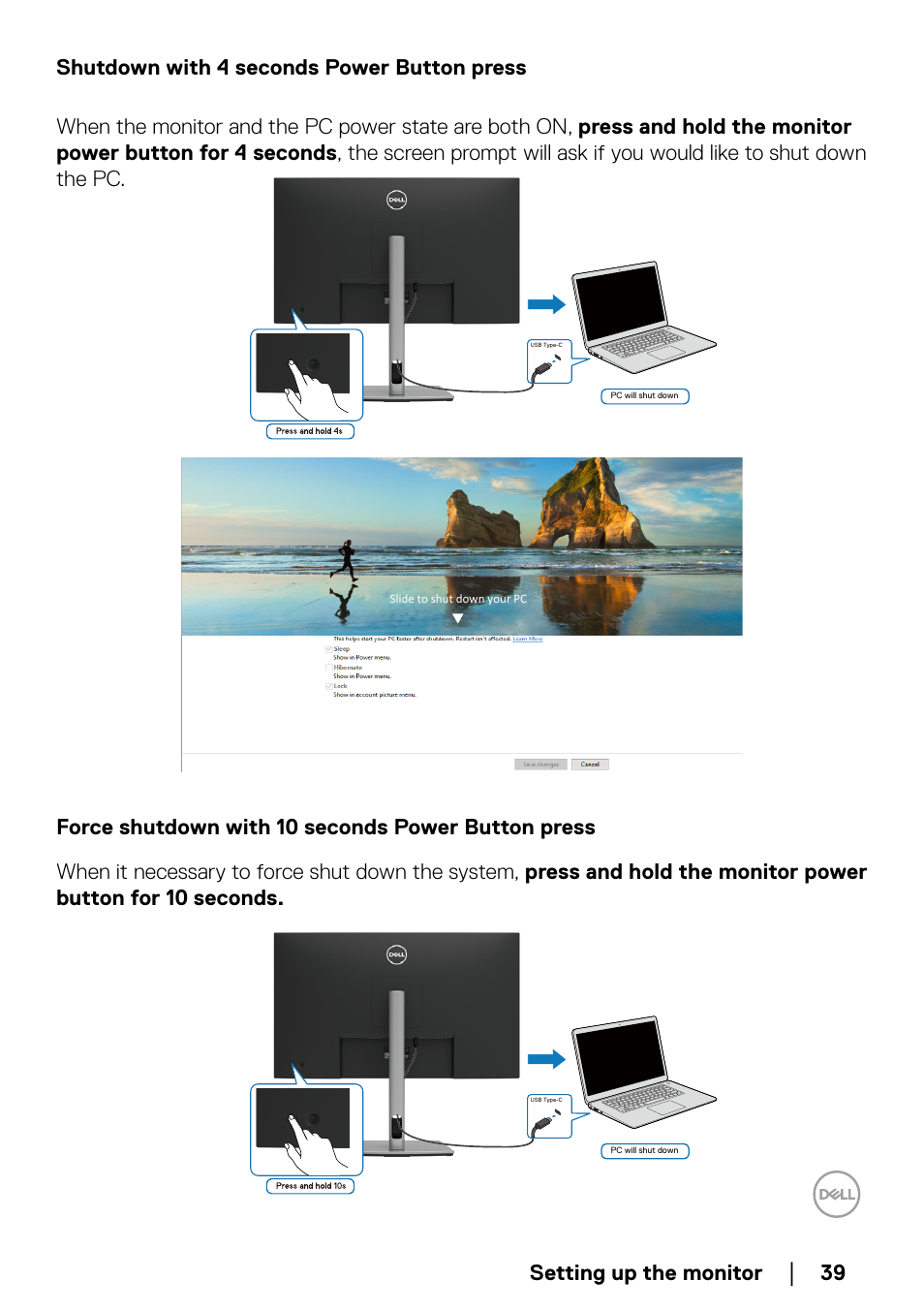 Shutdown with 4 seconds power button press, Force shutdown with 10 seconds power button press, Setting up the monitor | Dell P2723QE 27" 4K UHD USB Type-C Hub Monitor User Manual | Page 39 / 79