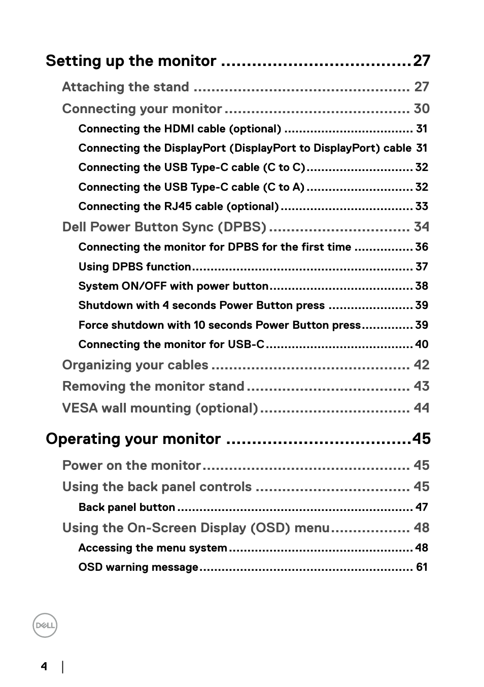 Setting up the monitor, Operating your monitor | Dell P2723QE 27" 4K UHD USB Type-C Hub Monitor User Manual | Page 4 / 79