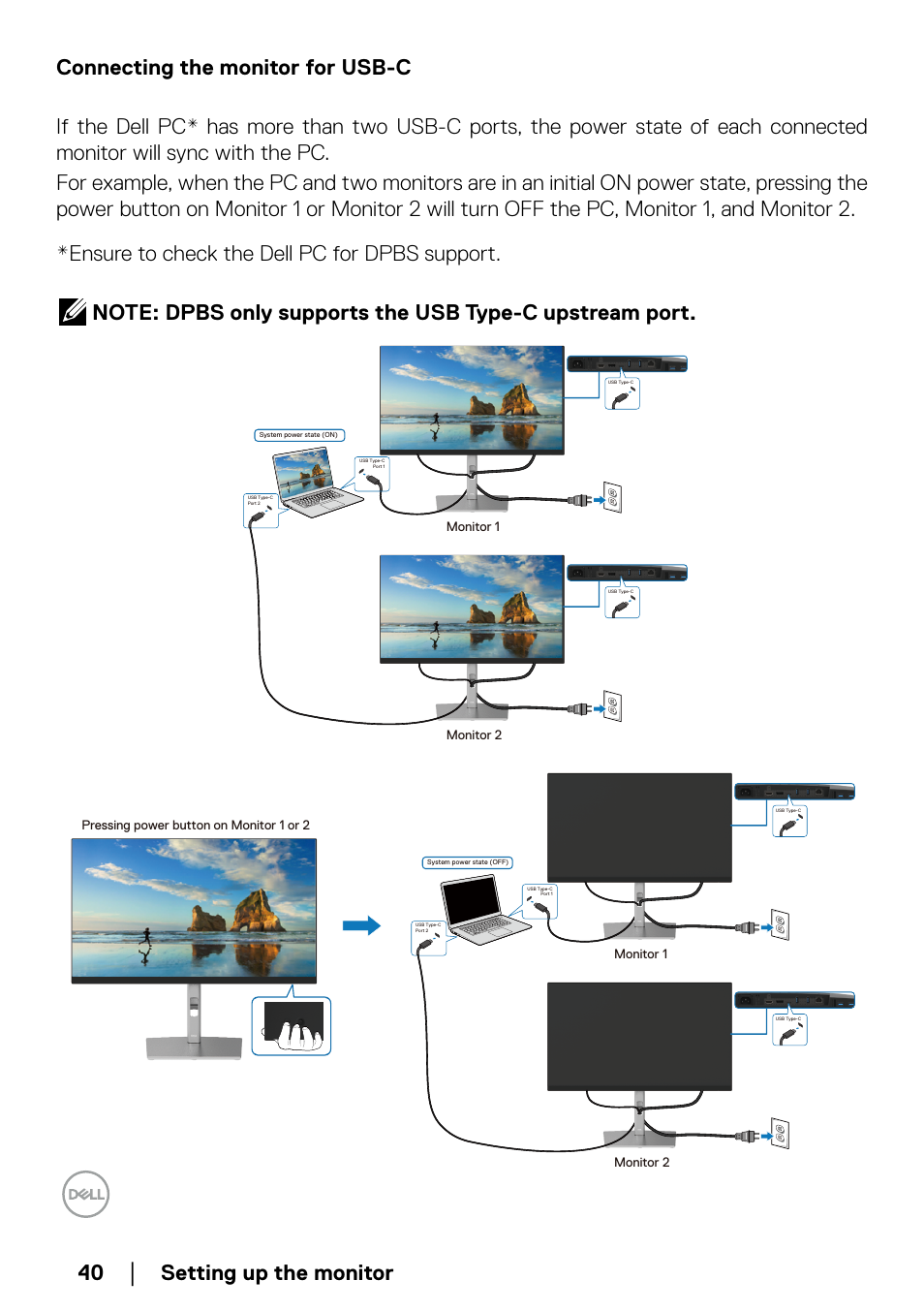 Connecting the monitor for usb-c | Dell P2723QE 27" 4K UHD USB Type-C Hub Monitor User Manual | Page 40 / 79