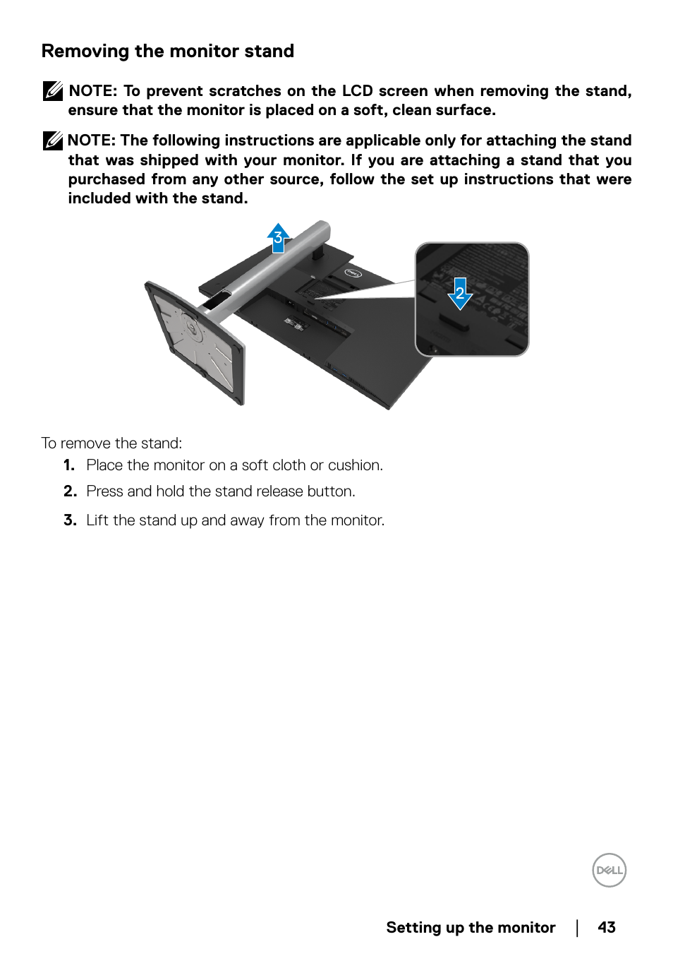 Removing the monitor stand | Dell P2723QE 27" 4K UHD USB Type-C Hub Monitor User Manual | Page 43 / 79