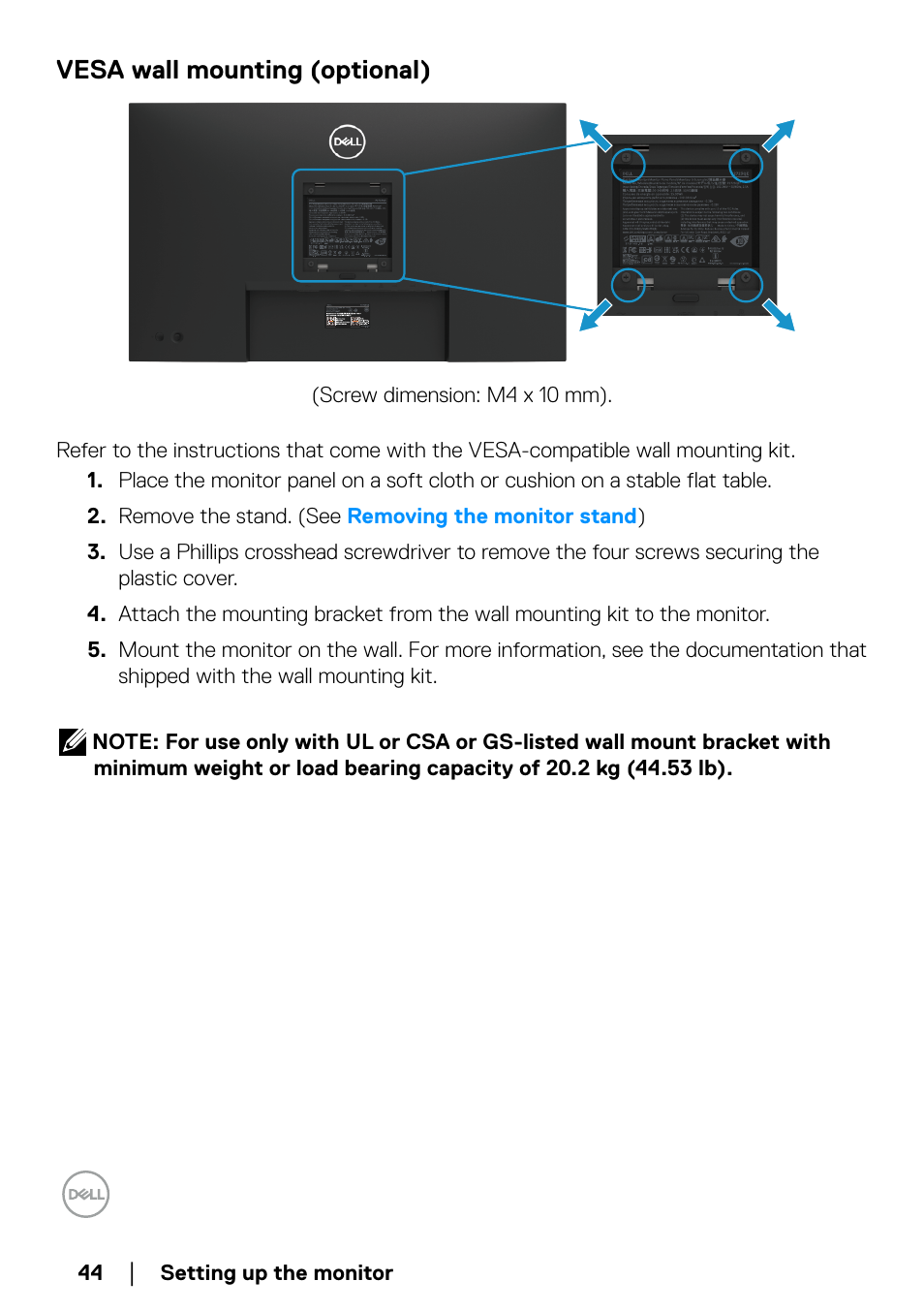 Vesa wall mounting (optional) | Dell P2723QE 27" 4K UHD USB Type-C Hub Monitor User Manual | Page 44 / 79