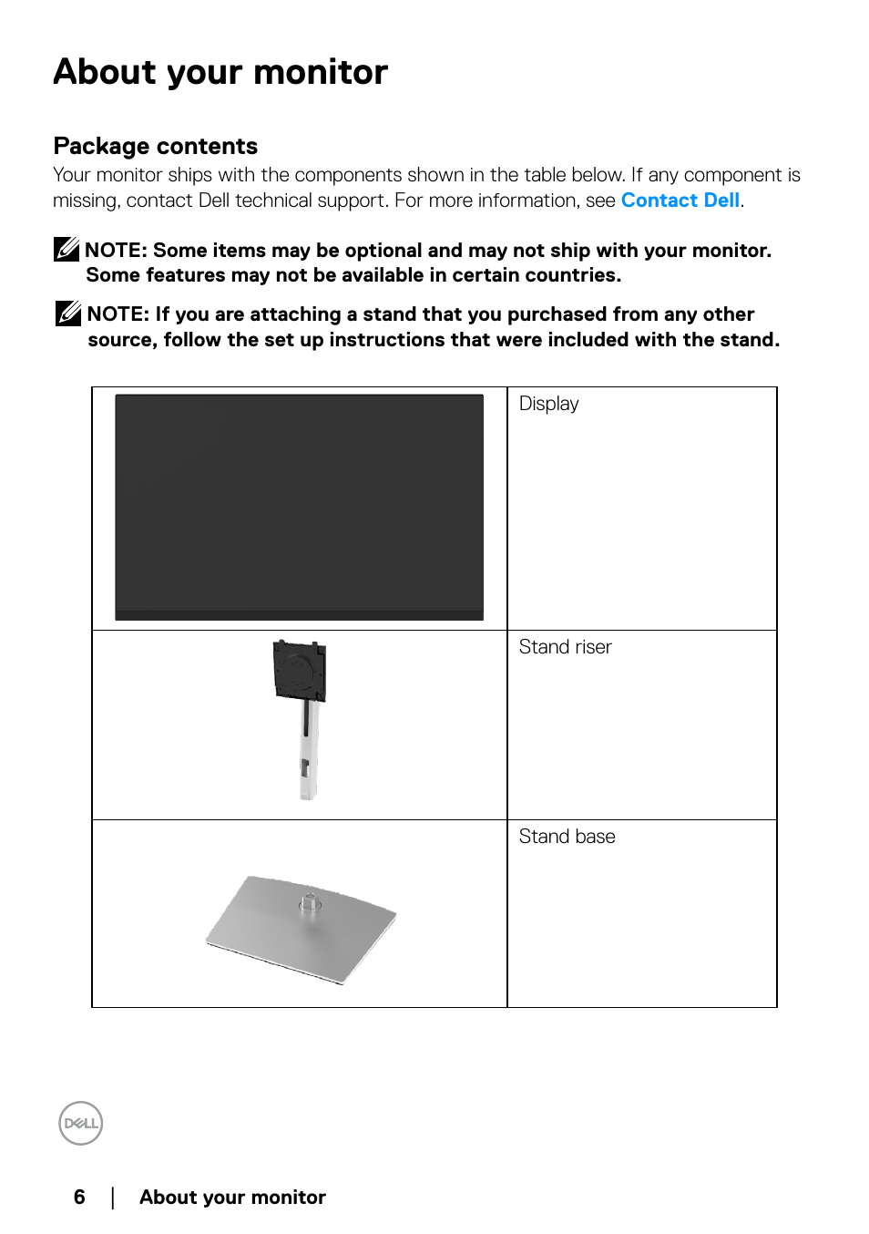 About your monitor, Package contents | Dell P2723QE 27" 4K UHD USB Type-C Hub Monitor User Manual | Page 6 / 79