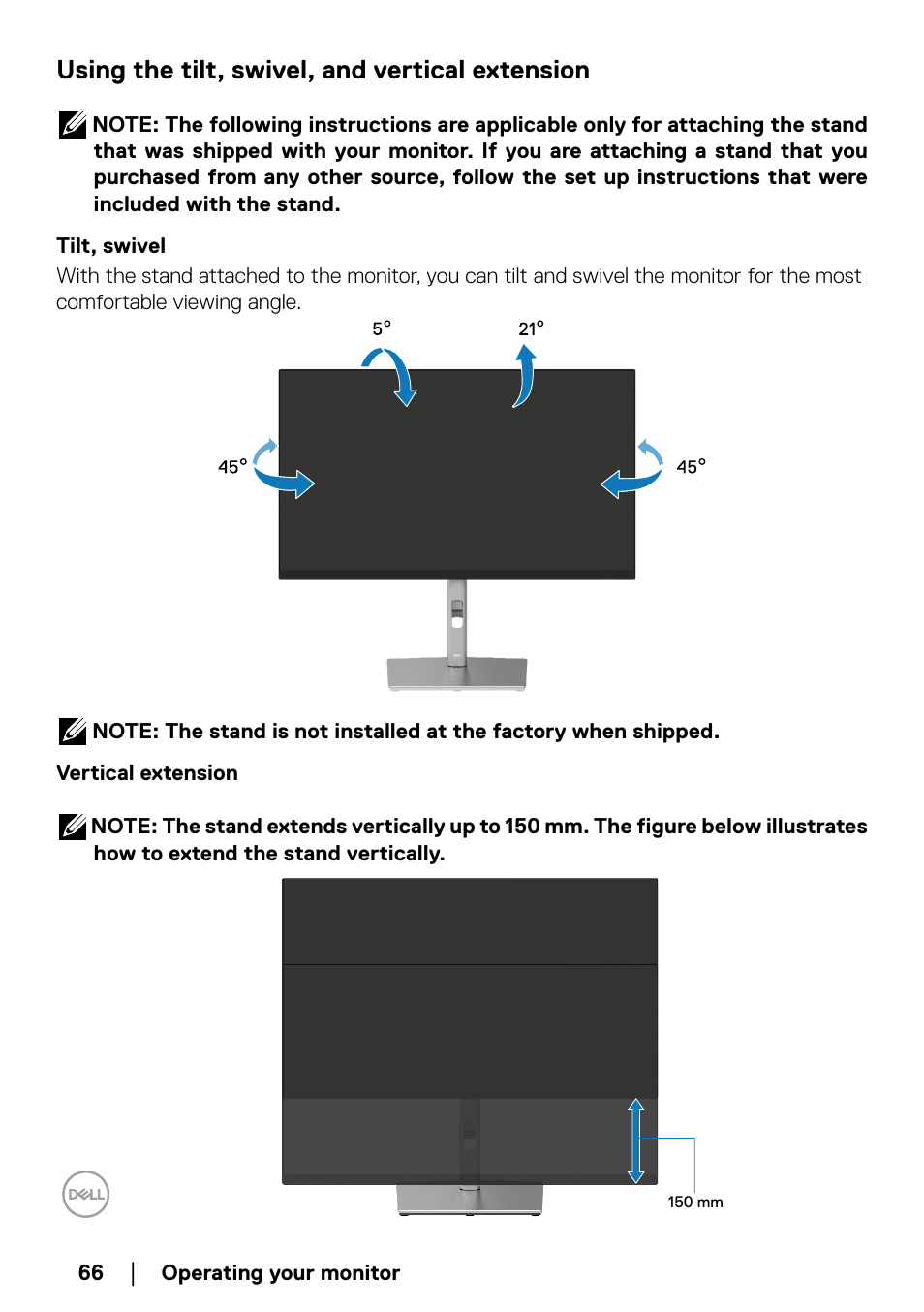 Using the tilt, swivel, and vertical extension, Tilt, swivel, Vertical extension | Display rotation | Dell P2723QE 27" 4K UHD USB Type-C Hub Monitor User Manual | Page 66 / 79