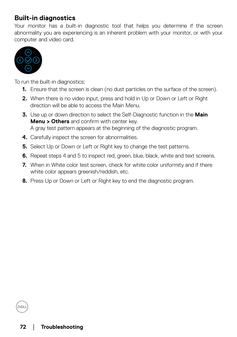 Built-in diagnostics, Built-in, Diagnostics | Dell P2723QE 27" 4K UHD USB Type-C Hub Monitor User Manual | Page 72 / 79