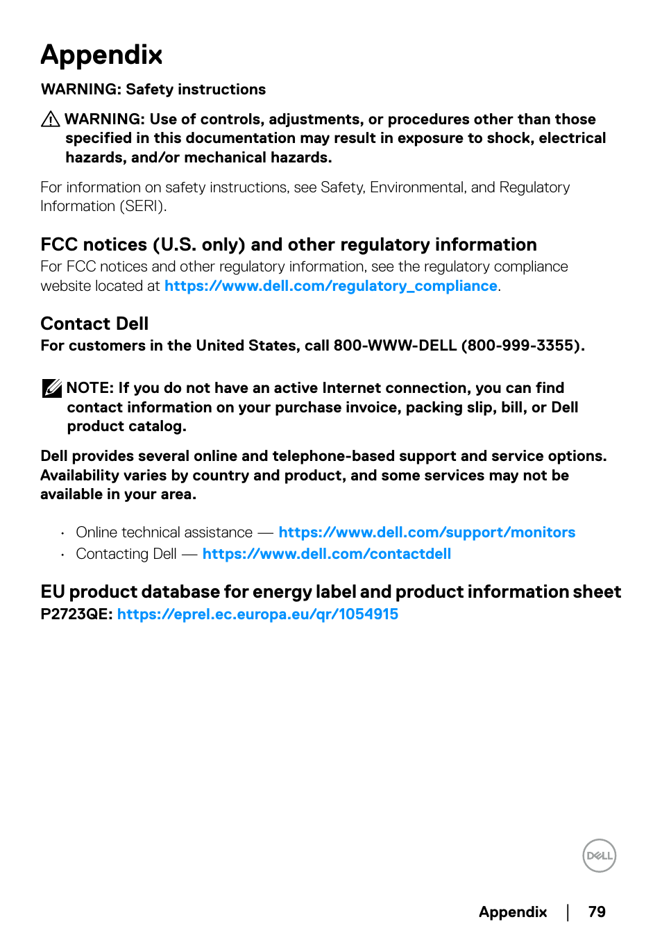 Appendix, Contact dell, Safety instructions | Dell P2723QE 27" 4K UHD USB Type-C Hub Monitor User Manual | Page 79 / 79