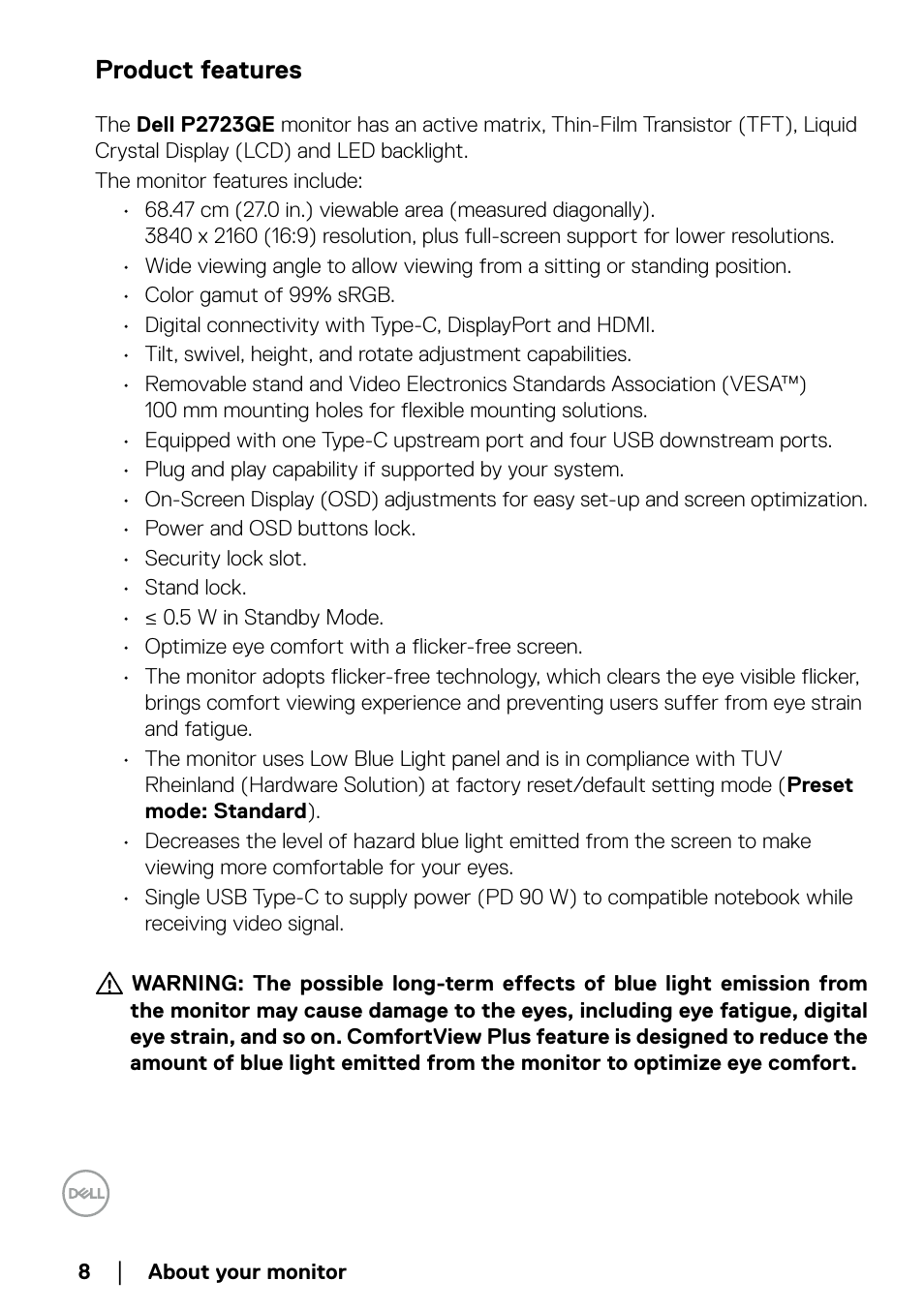 Product features | Dell P2723QE 27" 4K UHD USB Type-C Hub Monitor User Manual | Page 8 / 79