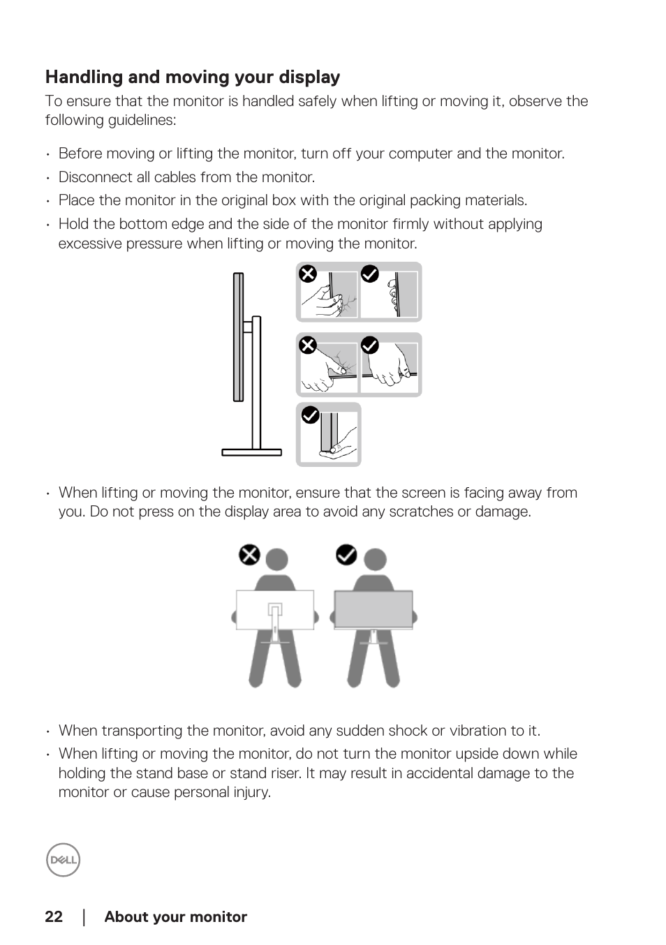 Handling and moving your display | Dell E2724HS 27" Monitor User Manual | Page 22 / 63