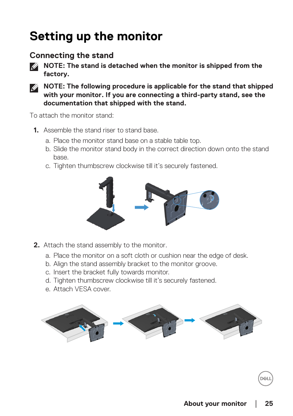 Setting up the monitor, Connecting the stand | Dell E2724HS 27" Monitor User Manual | Page 25 / 63