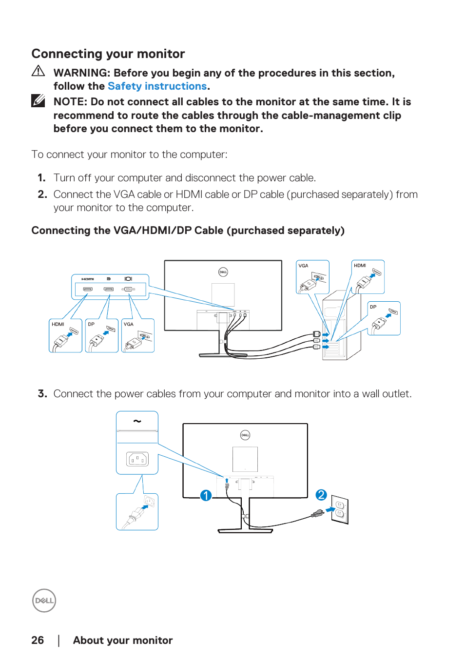 Connecting your monitor | Dell E2724HS 27" Monitor User Manual | Page 26 / 63