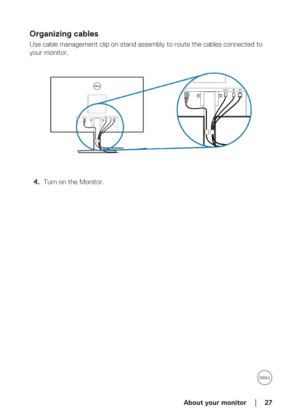 Organizing cables | Dell E2724HS 27" Monitor User Manual | Page 27 / 63