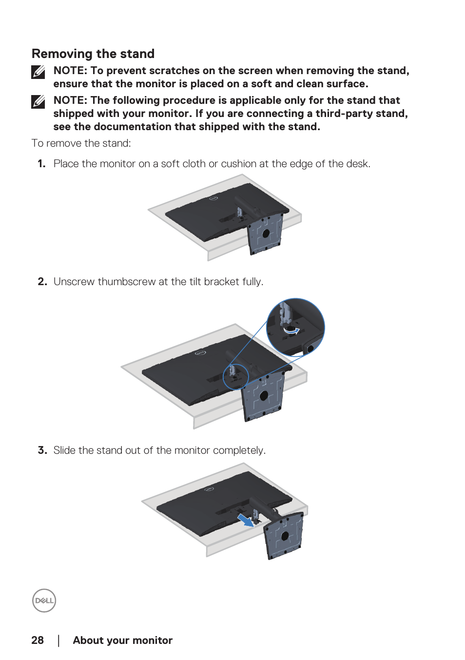 Removing the stand | Dell E2724HS 27" Monitor User Manual | Page 28 / 63