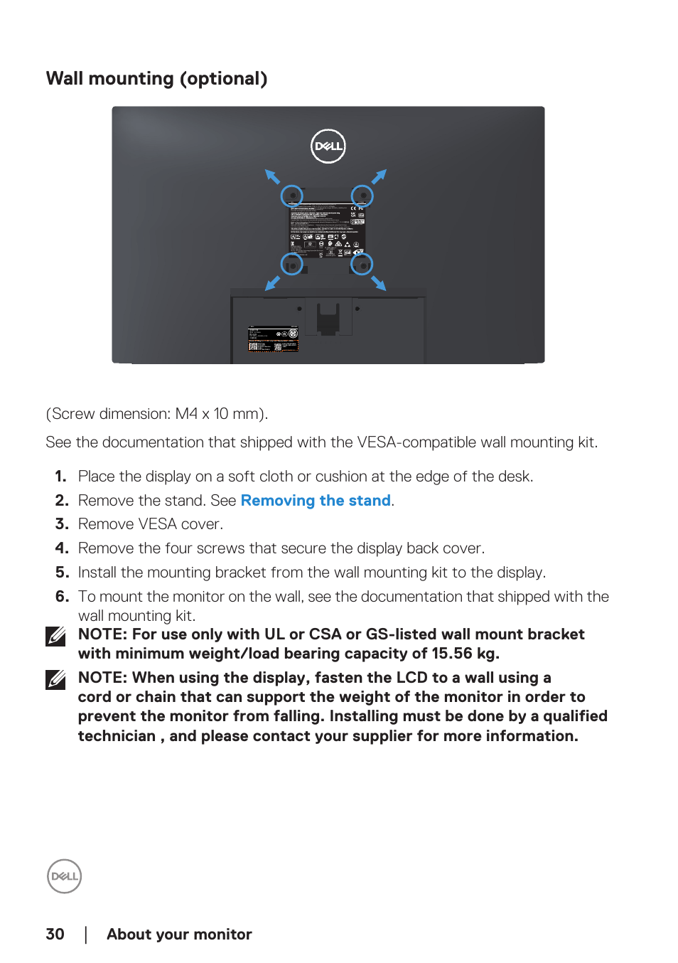 Wall mounting (optional), About your monitor | Dell E2724HS 27" Monitor User Manual | Page 30 / 63