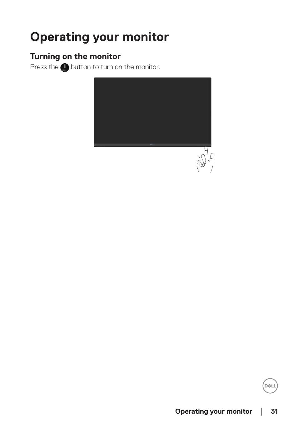 Operating your monitor, Turning on the monitor | Dell E2724HS 27" Monitor User Manual | Page 31 / 63