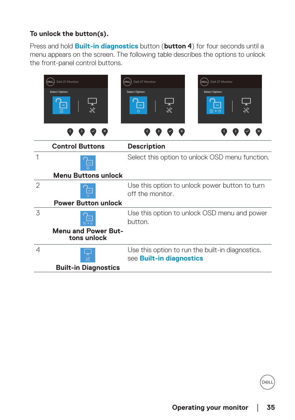To unlock the button(s) | Dell E2724HS 27" Monitor User Manual | Page 35 / 63