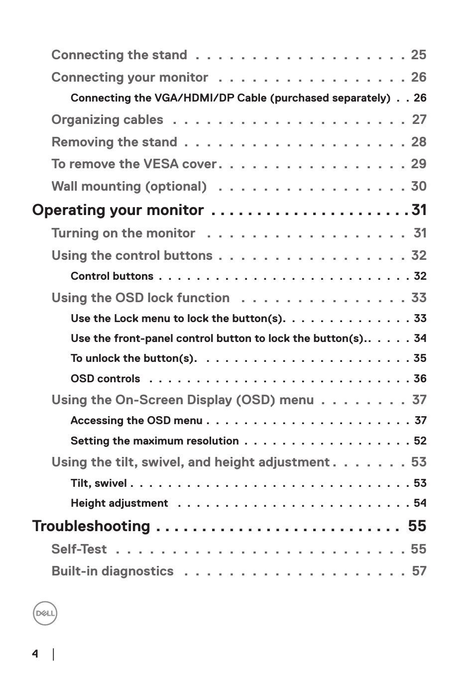 Operating your monitor, Troubleshooting | Dell E2724HS 27" Monitor User Manual | Page 4 / 63