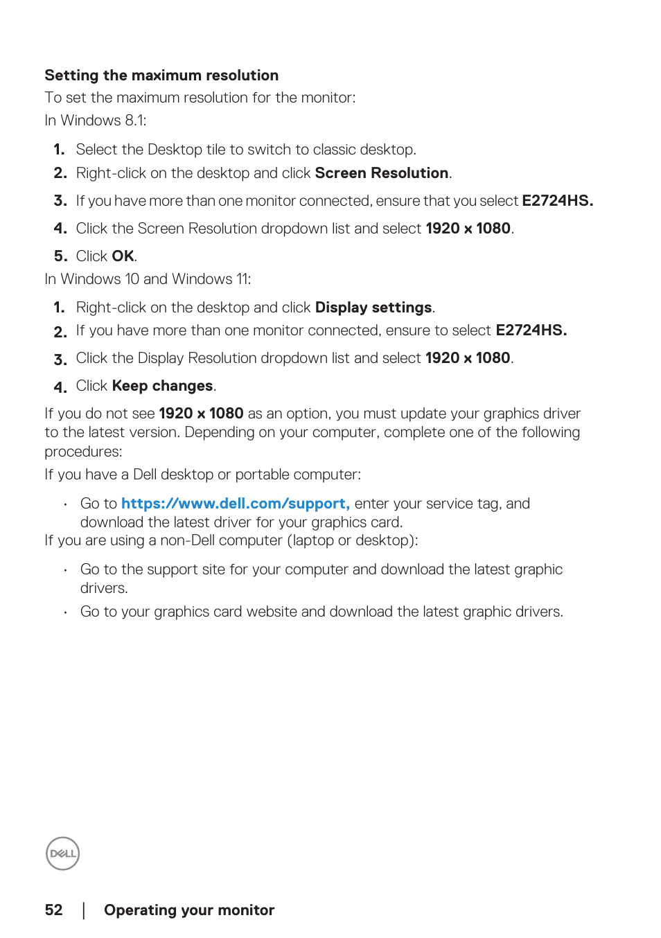 Setting the maximum resolution | Dell E2724HS 27" Monitor User Manual | Page 52 / 63
