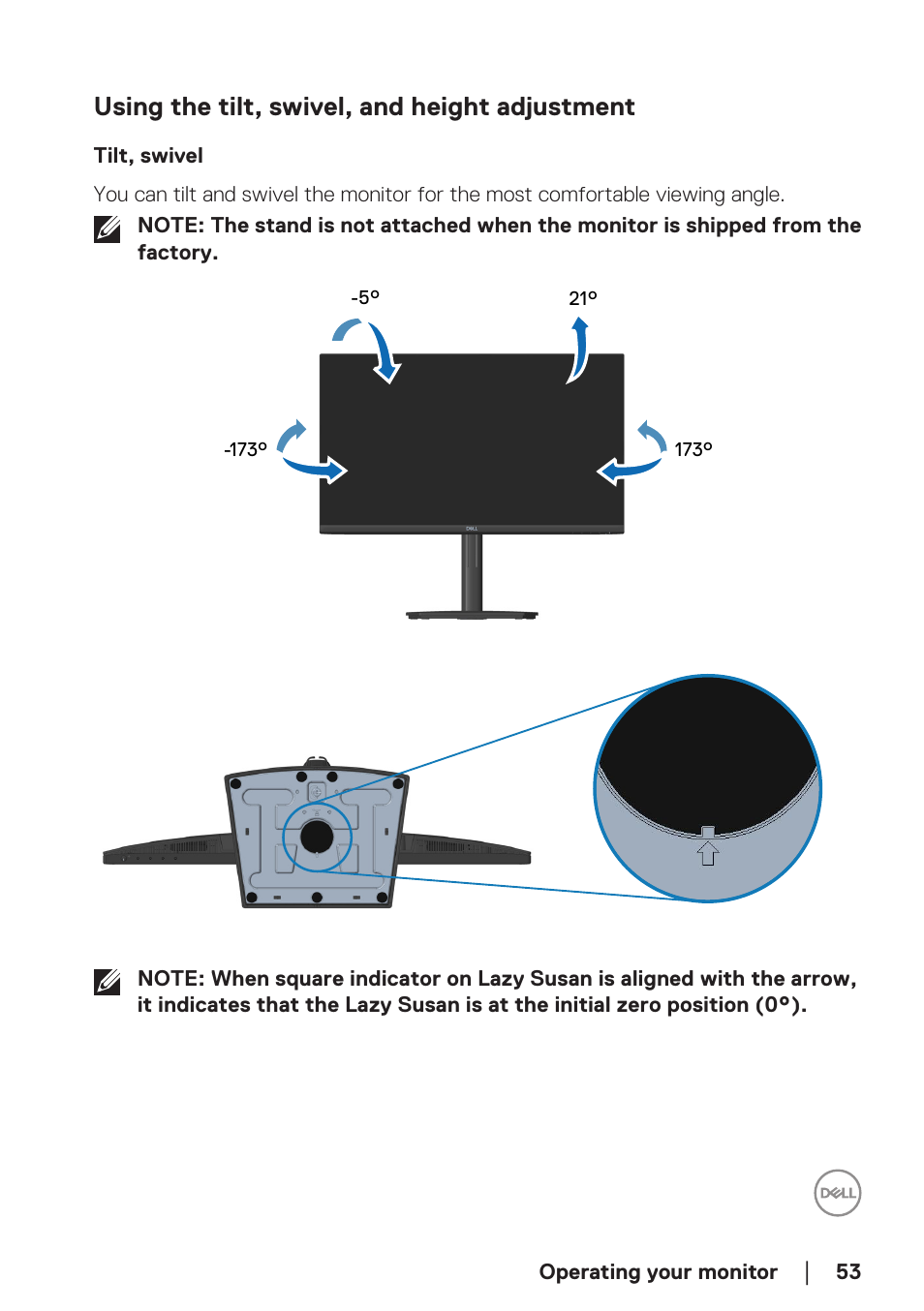 Using the tilt, swivel, and height adjustment, Tilt, swivel | Dell E2724HS 27" Monitor User Manual | Page 53 / 63