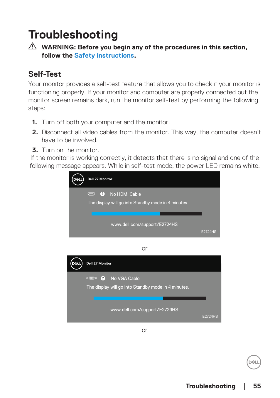 Troubleshooting, Self-test | Dell E2724HS 27" Monitor User Manual | Page 55 / 63