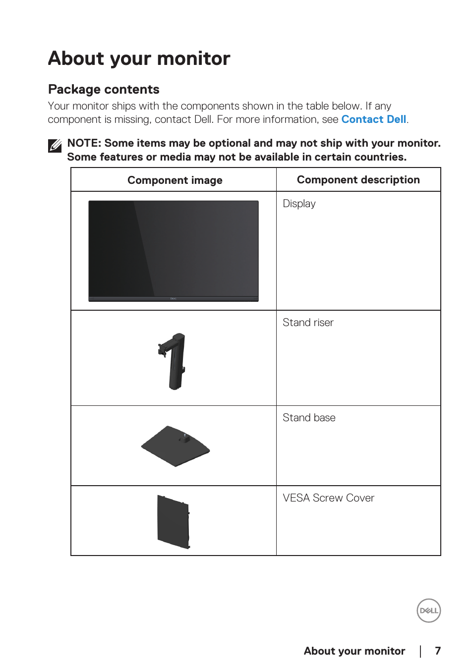 About your monitor, Package contents | Dell E2724HS 27" Monitor User Manual | Page 7 / 63