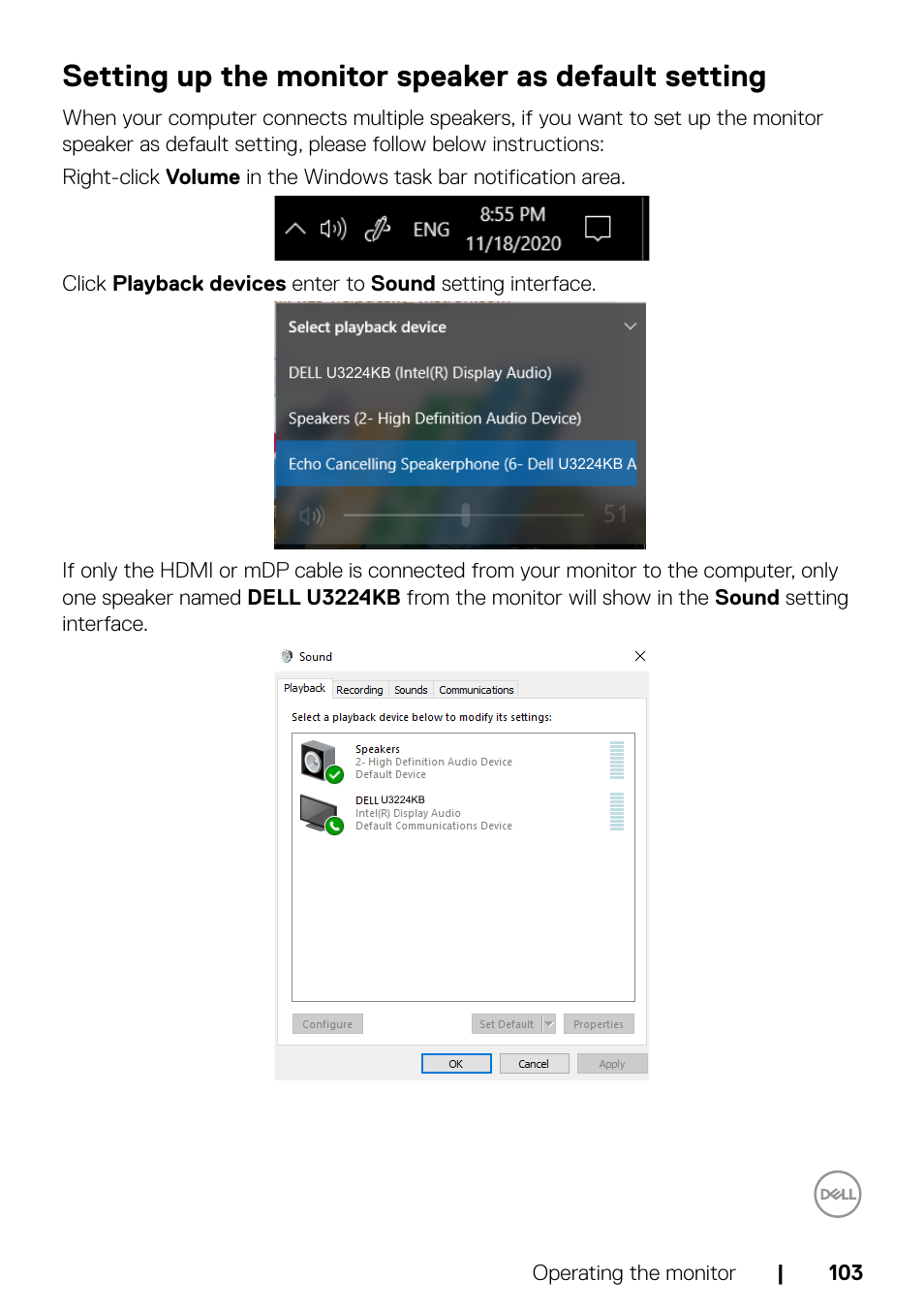 Setting up the monitor speaker as default setting | Dell UltraSharp 32" 6K HDR Video Conferencing Monitor User Manual | Page 103 / 123