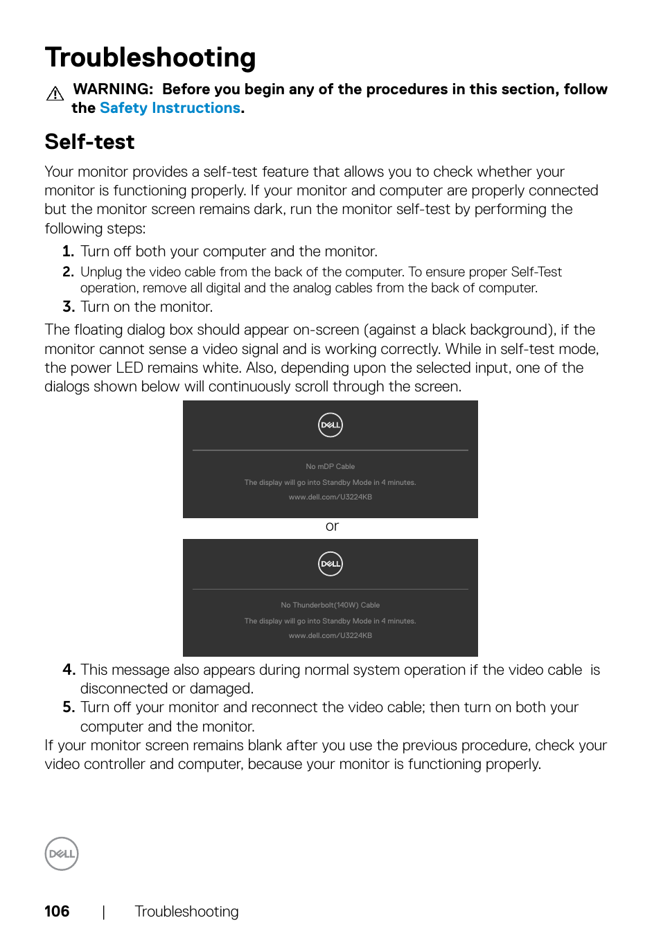 Troubleshooting, Self-test | Dell UltraSharp 32" 6K HDR Video Conferencing Monitor User Manual | Page 106 / 123