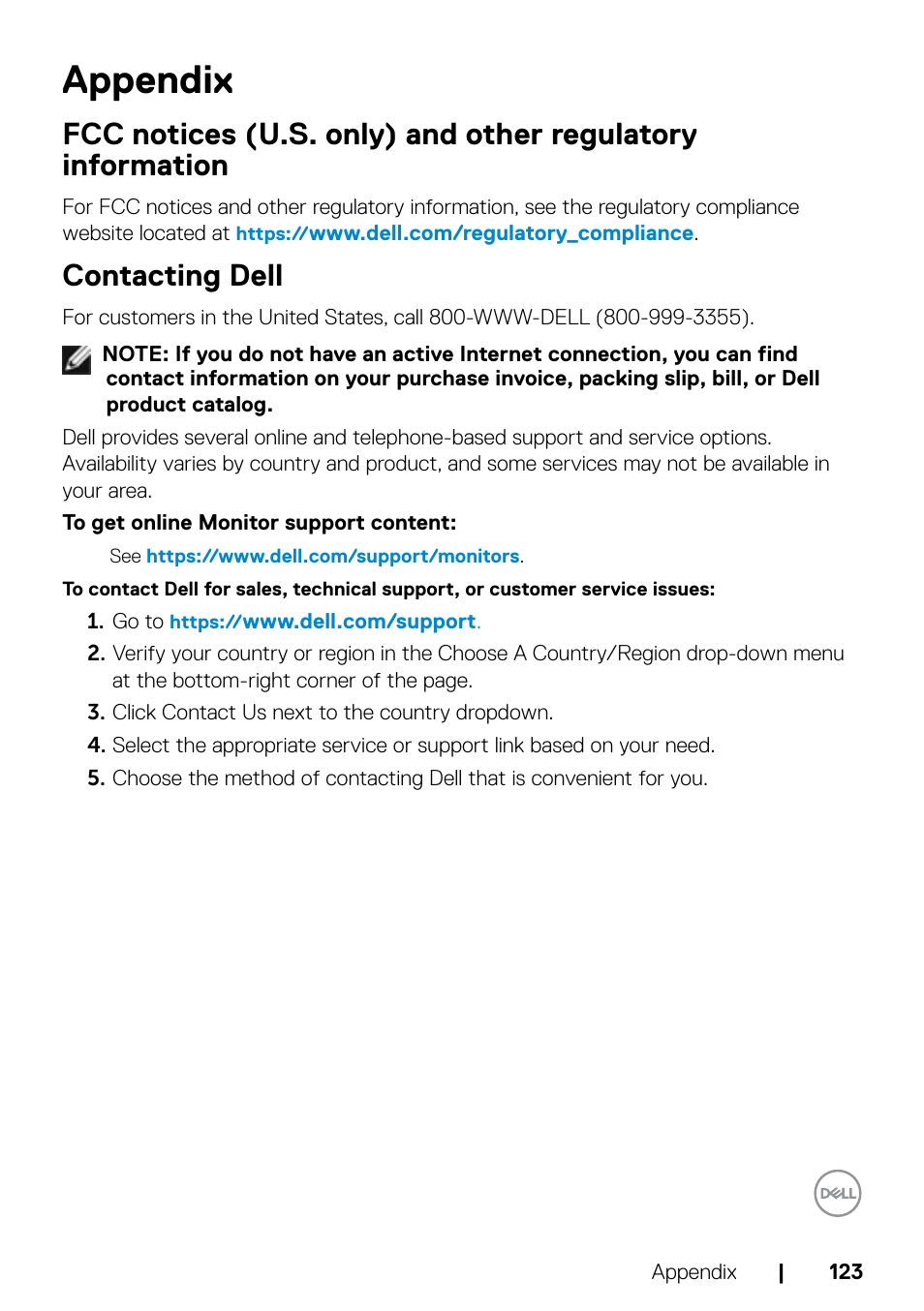 Appendix, Contacting dell | Dell UltraSharp 32" 6K HDR Video Conferencing Monitor User Manual | Page 123 / 123