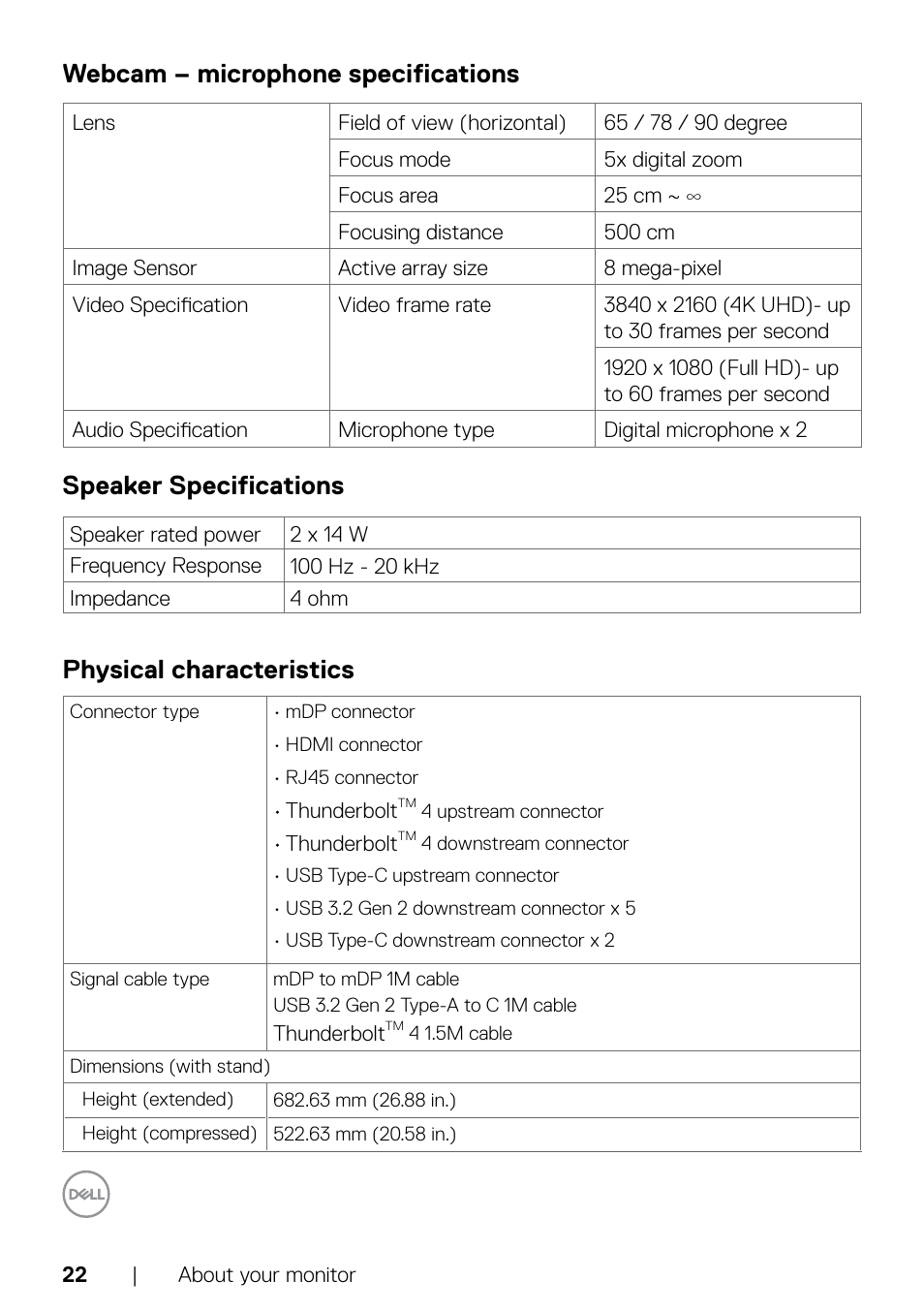 Webcam – microphone specifications, Speaker specifications, Physical characteristics | Dell UltraSharp 32" 6K HDR Video Conferencing Monitor User Manual | Page 22 / 123