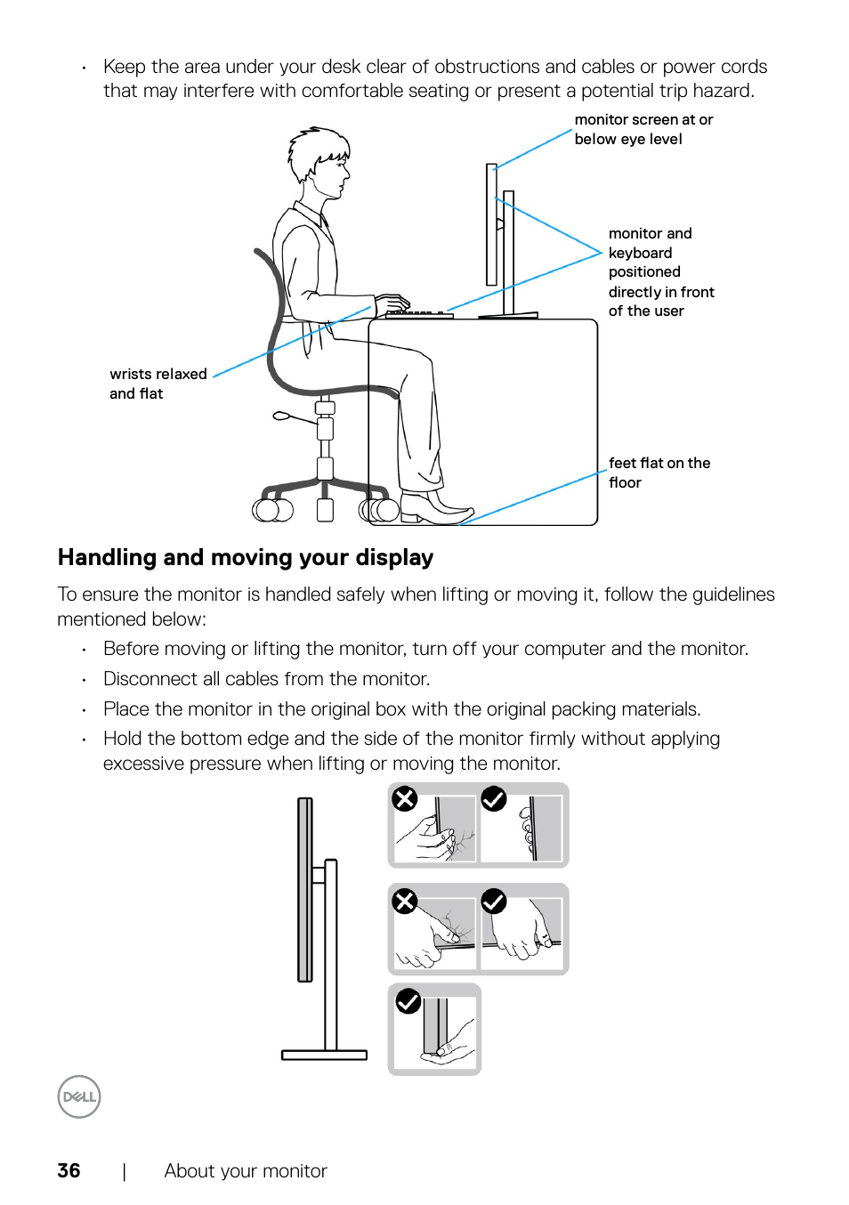 Handling and moving your display | Dell UltraSharp 32" 6K HDR Video Conferencing Monitor User Manual | Page 36 / 123