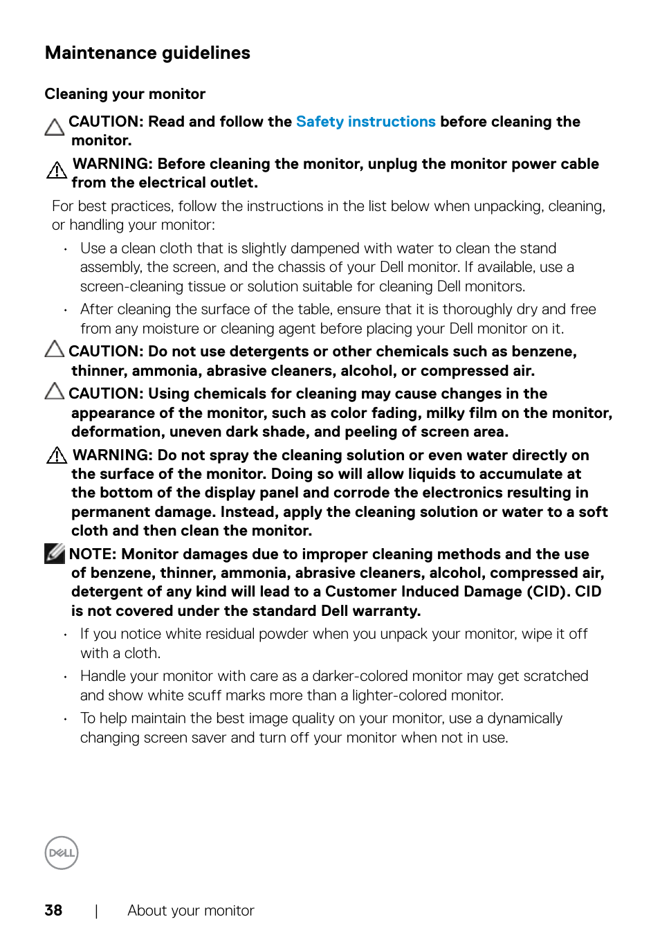 Maintenance guidelines, Cleaning your monitor | Dell UltraSharp 32" 6K HDR Video Conferencing Monitor User Manual | Page 38 / 123