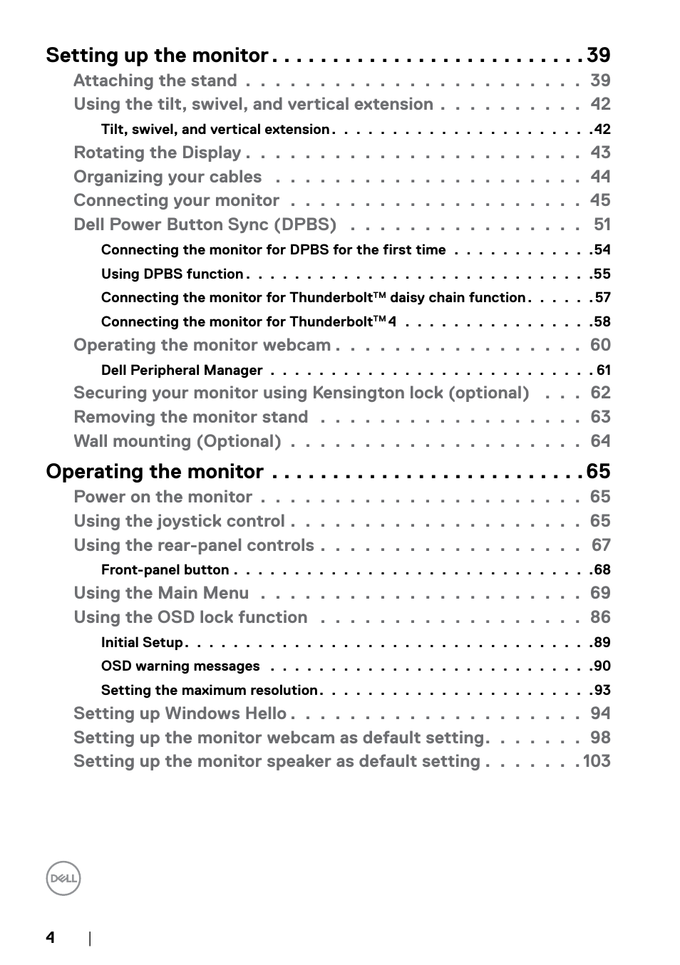Setting up the monitor, Operating the monitor | Dell UltraSharp 32" 6K HDR Video Conferencing Monitor User Manual | Page 4 / 123