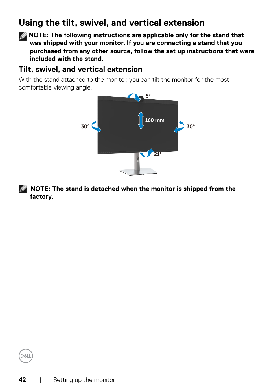 Using the tilt, swivel, and vertical extension, Tilt, swivel, and vertical extension | Dell UltraSharp 32" 6K HDR Video Conferencing Monitor User Manual | Page 42 / 123