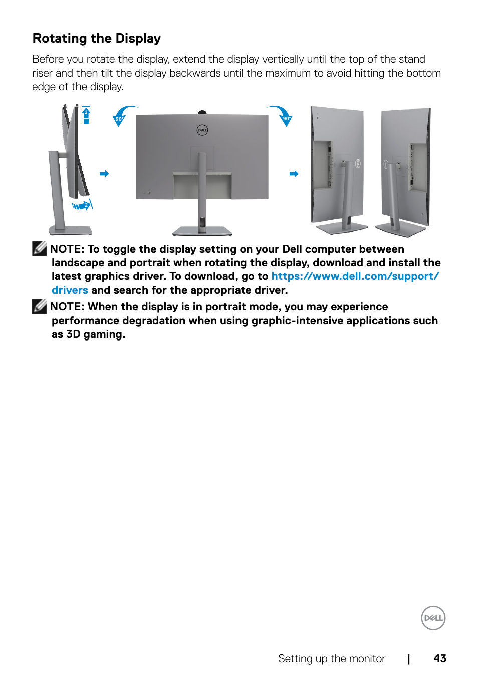 Rotating the display | Dell UltraSharp 32" 6K HDR Video Conferencing Monitor User Manual | Page 43 / 123