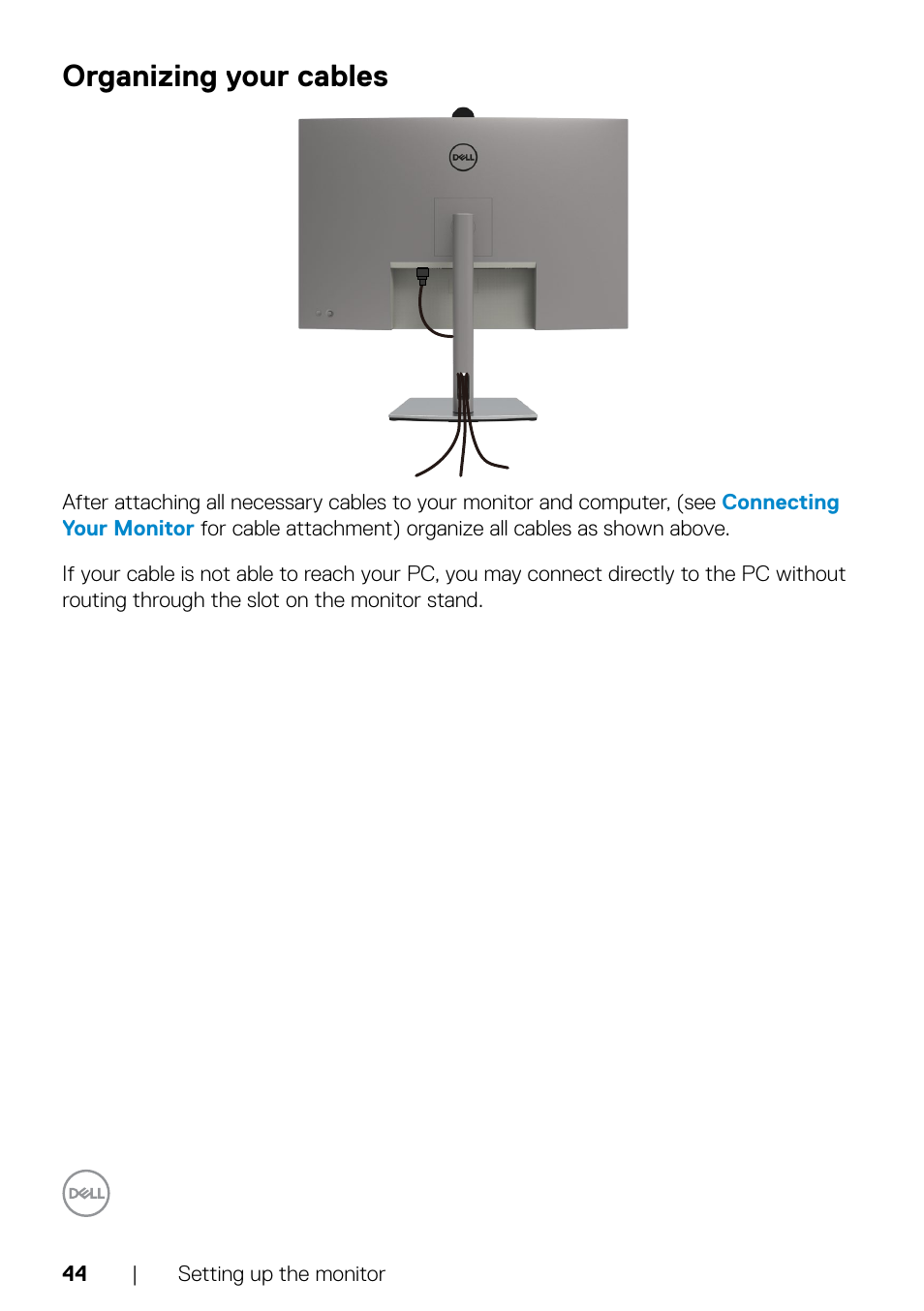 Organizing your cables | Dell UltraSharp 32" 6K HDR Video Conferencing Monitor User Manual | Page 44 / 123