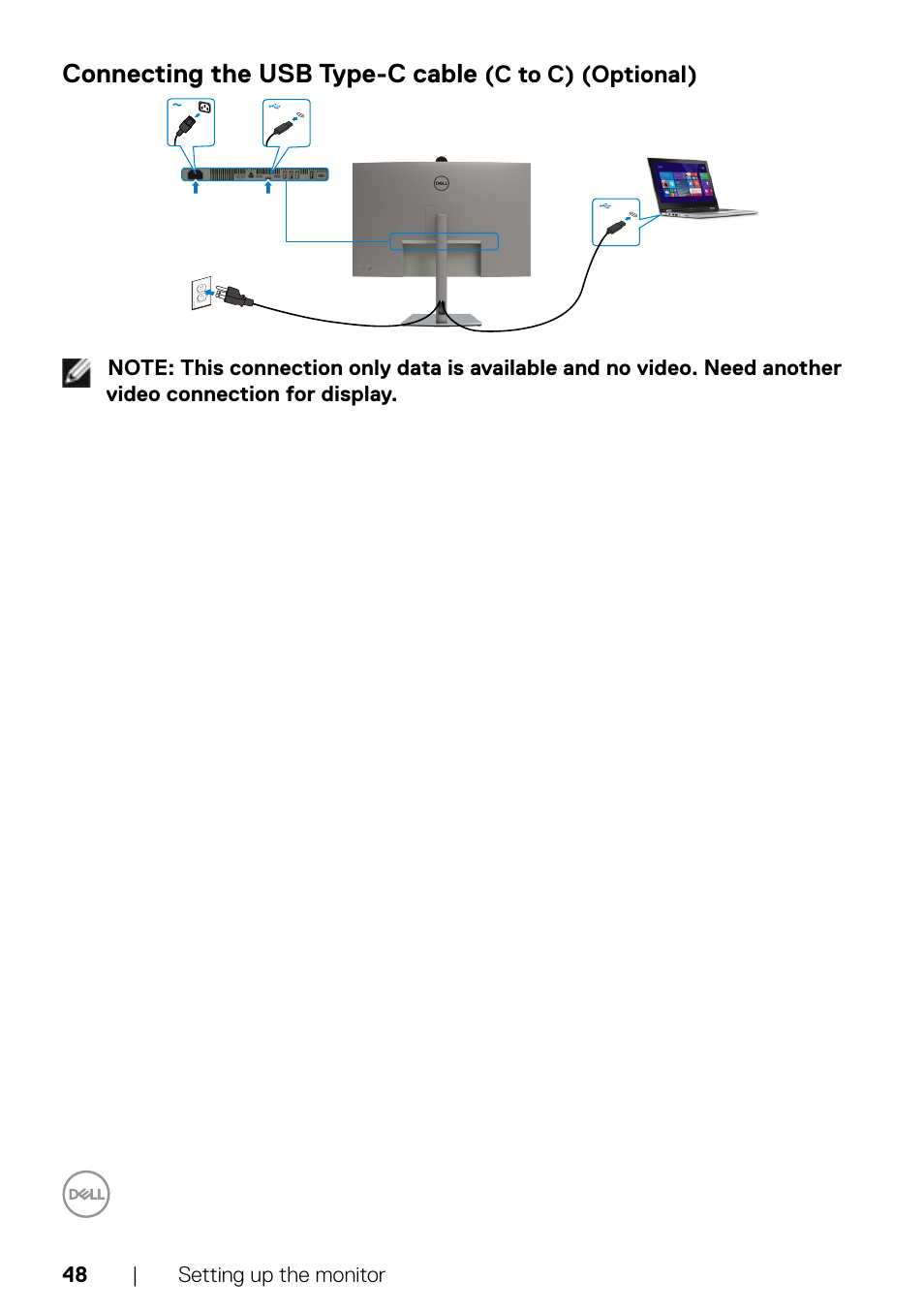 Connecting the usb type-c cable | Dell UltraSharp 32" 6K HDR Video Conferencing Monitor User Manual | Page 48 / 123