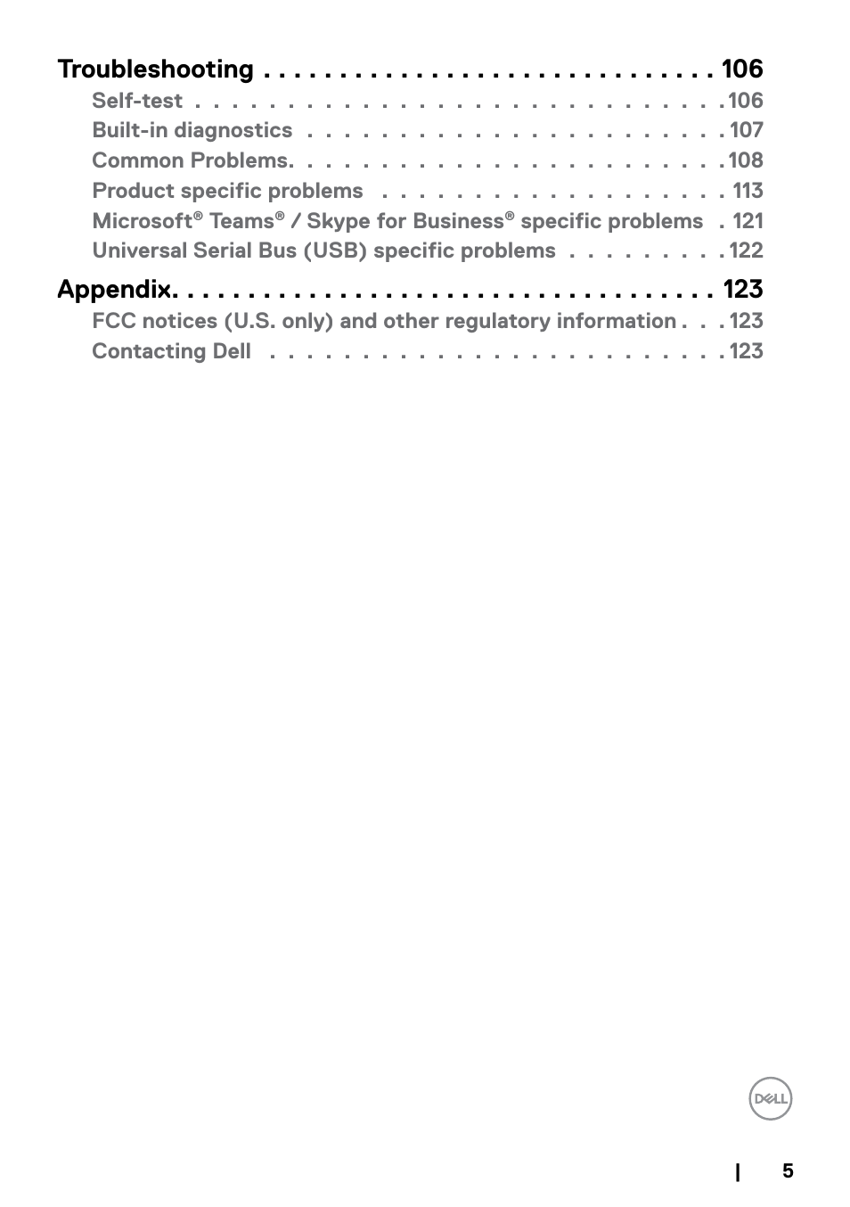 Troubleshooting, Appendix | Dell UltraSharp 32" 6K HDR Video Conferencing Monitor User Manual | Page 5 / 123