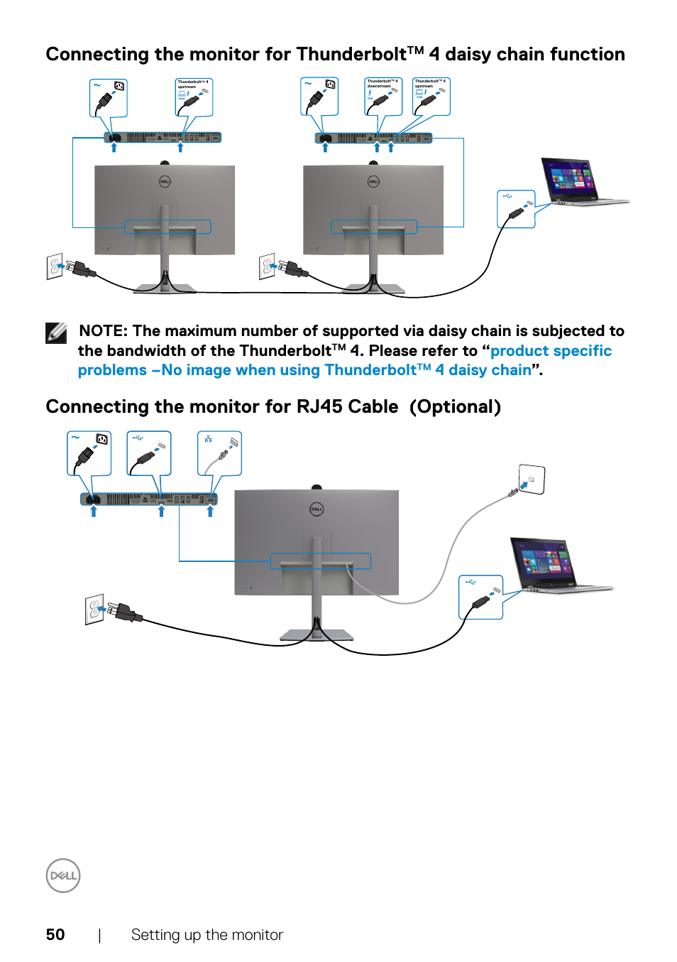 Connecting the monitor for thunderbolt, 4 daisy chain function, Connecting the monitor for rj45 cable (optional) | 50 | setting up the monitor, 4 daisy chain | Dell UltraSharp 32" 6K HDR Video Conferencing Monitor User Manual | Page 50 / 123