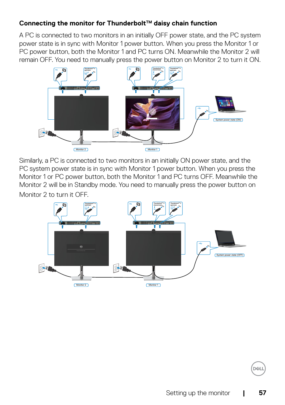 Connecting the monitor for thunderbolt, Daisy chain function | Dell UltraSharp 32" 6K HDR Video Conferencing Monitor User Manual | Page 57 / 123