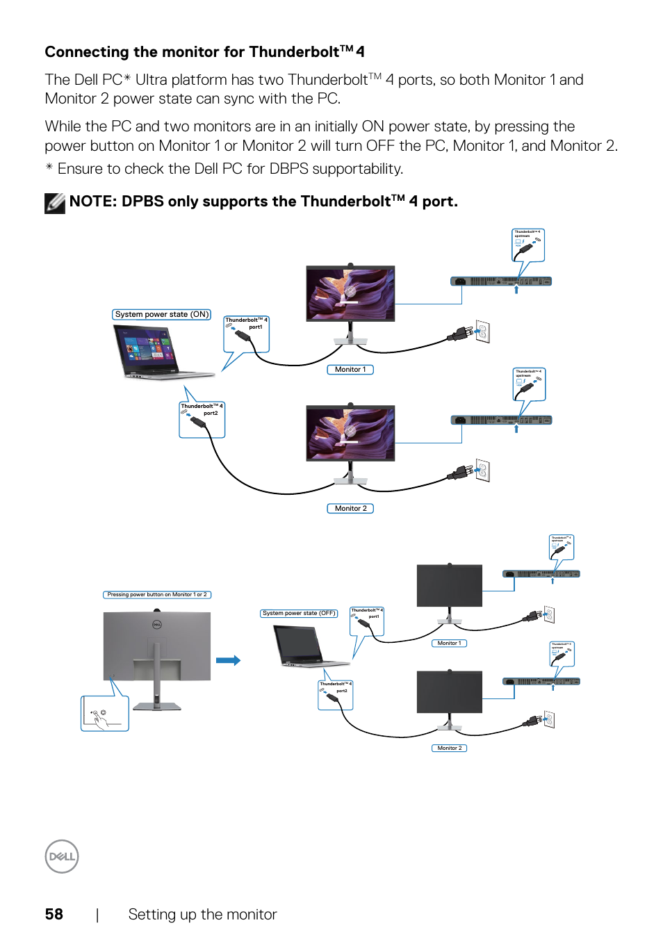 Connecting the monitor for thunderbolttm 4, Connecting the monitor for thunderbolt, 4the dell pc* ultra platform has two thunderbolt | 4 port | Dell UltraSharp 32" 6K HDR Video Conferencing Monitor User Manual | Page 58 / 123
