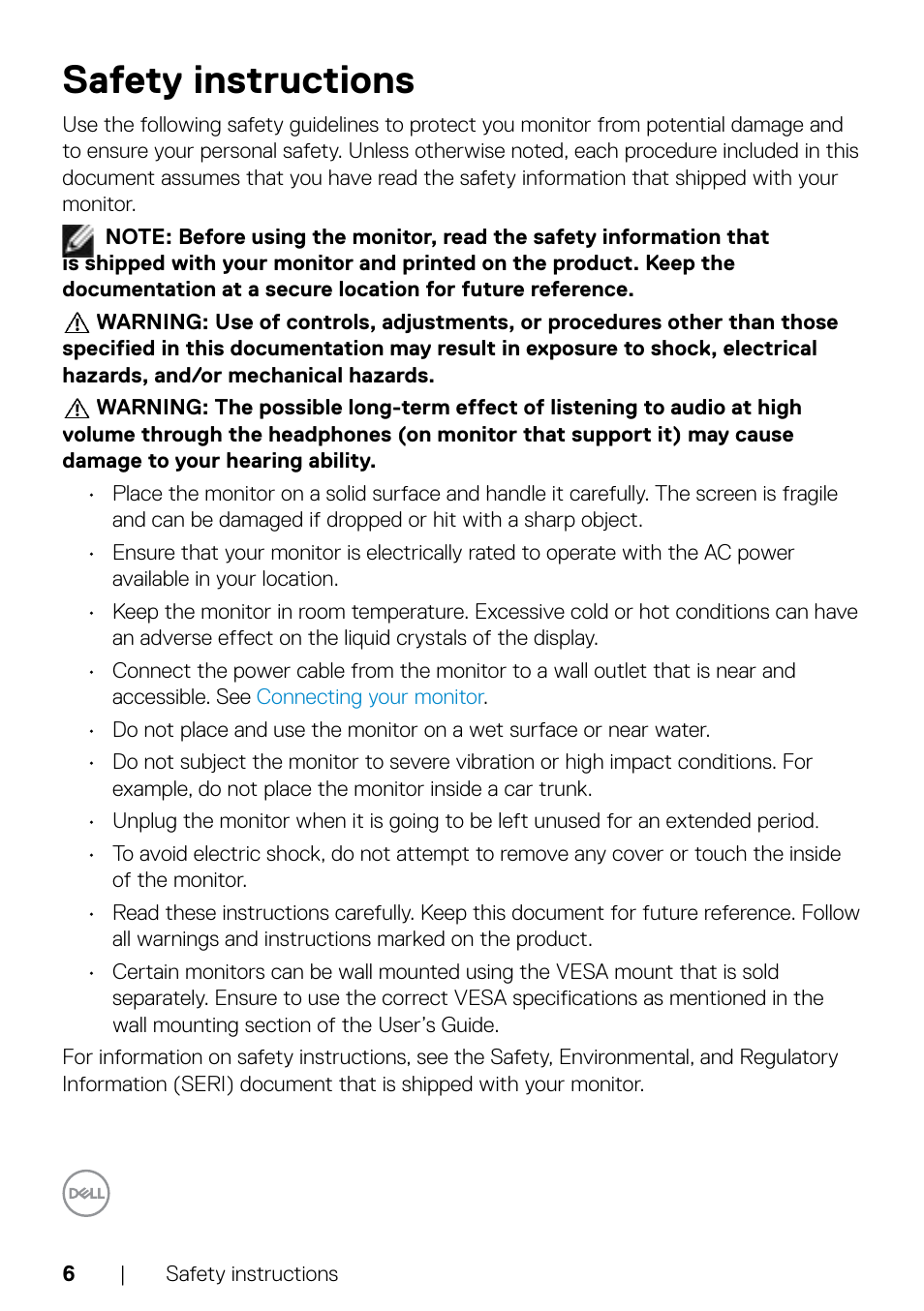 Safety instructions | Dell UltraSharp 32" 6K HDR Video Conferencing Monitor User Manual | Page 6 / 123