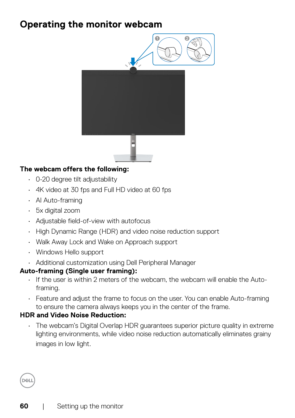 Operating the monitor webcam | Dell UltraSharp 32" 6K HDR Video Conferencing Monitor User Manual | Page 60 / 123