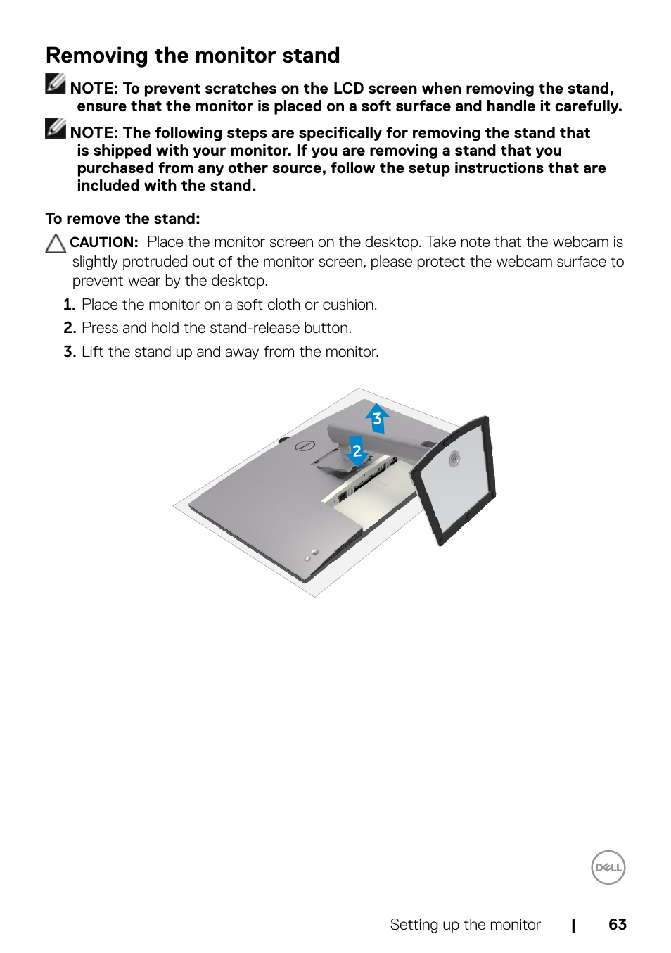 Removing the monitor stand | Dell UltraSharp 32" 6K HDR Video Conferencing Monitor User Manual | Page 63 / 123