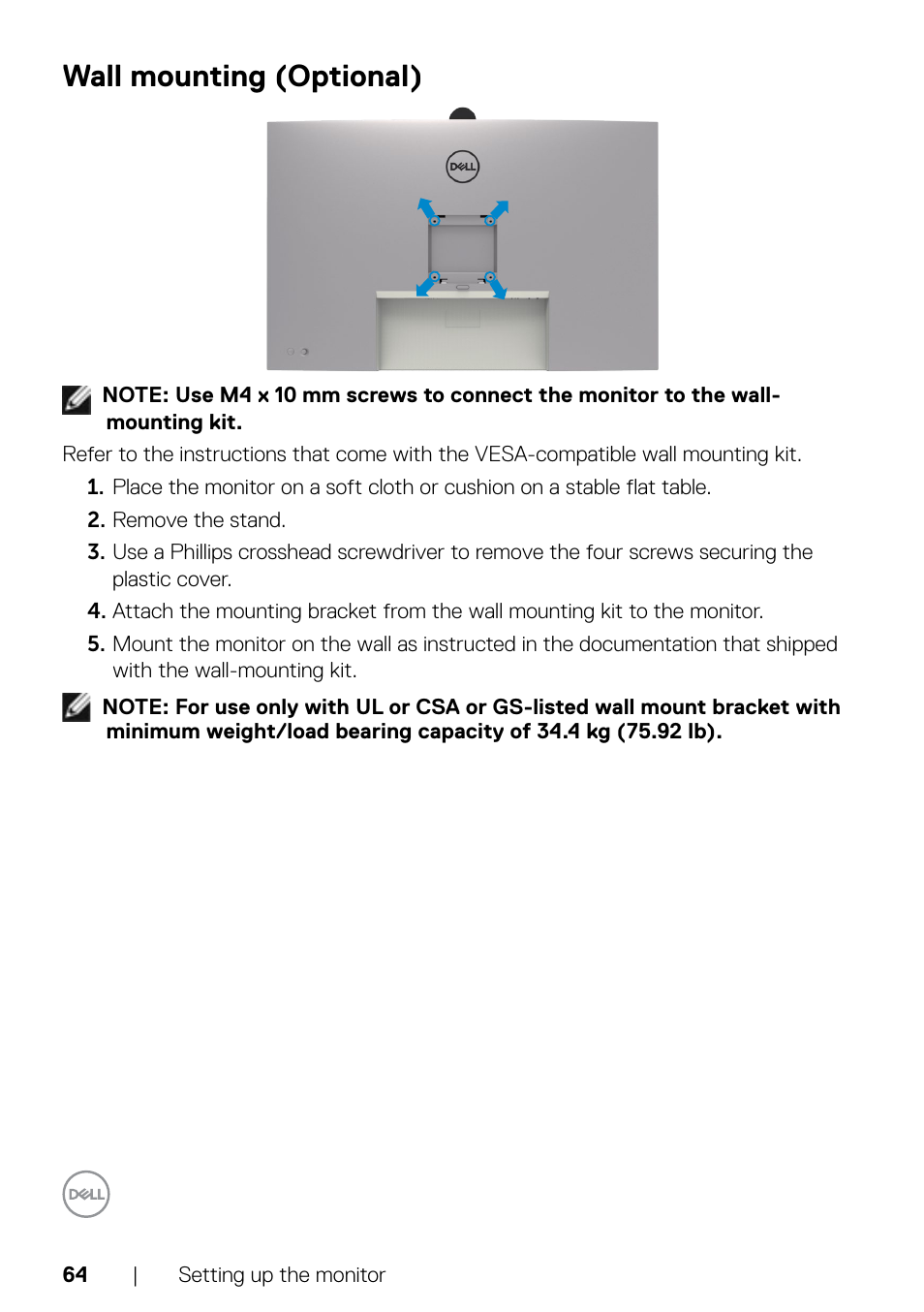 Wall mounting (optional) | Dell UltraSharp 32" 6K HDR Video Conferencing Monitor User Manual | Page 64 / 123