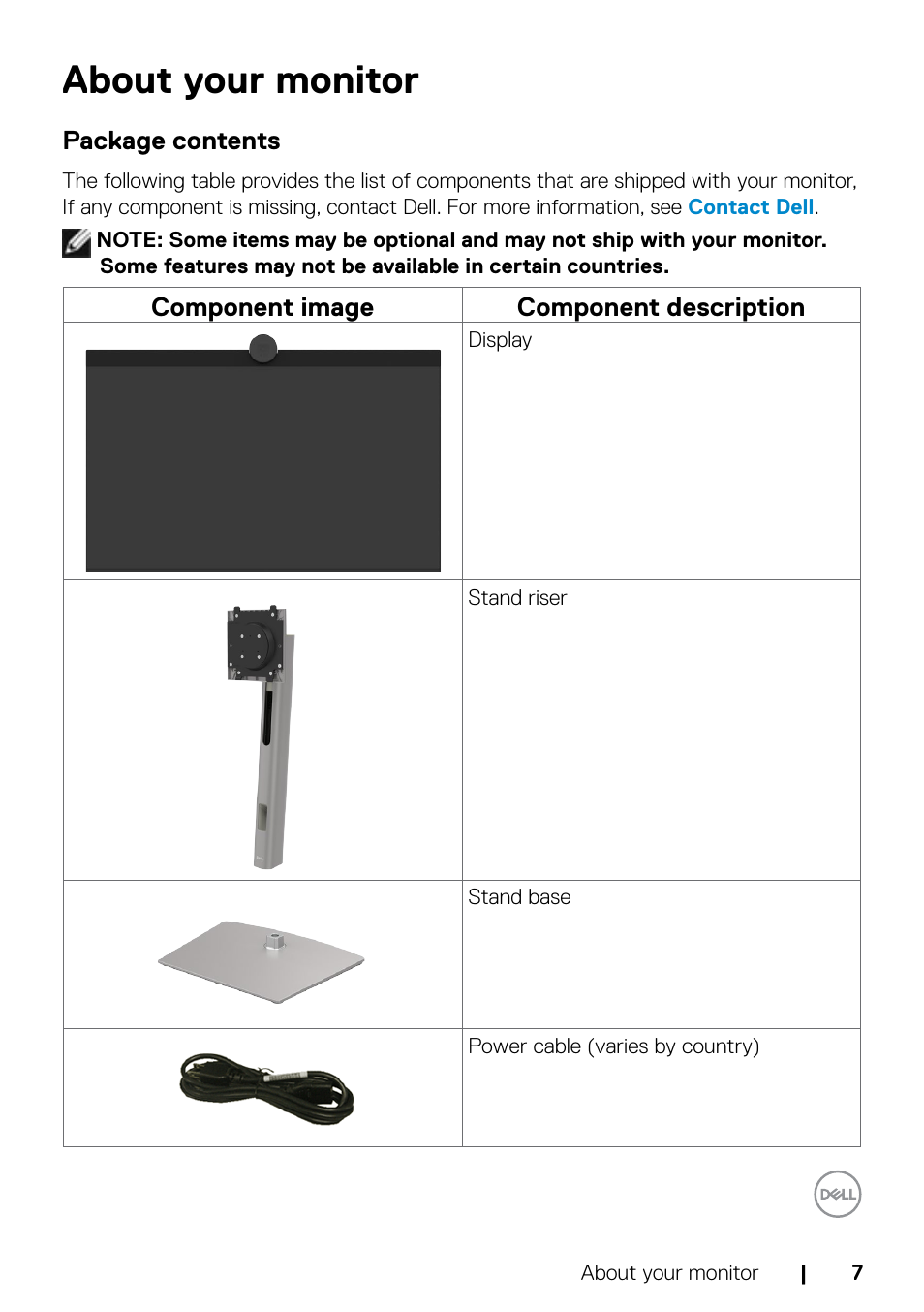 About your monitor, Package contents | Dell UltraSharp 32" 6K HDR Video Conferencing Monitor User Manual | Page 7 / 123