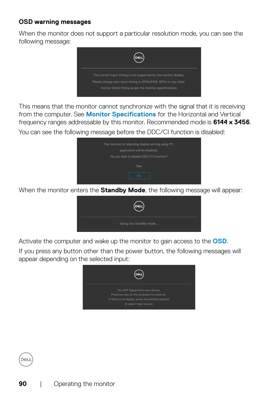 Osd warning messages | Dell UltraSharp 32" 6K HDR Video Conferencing Monitor User Manual | Page 90 / 123