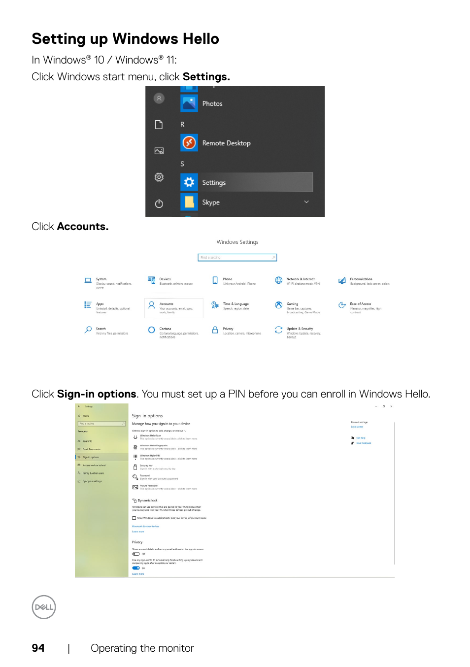 Setting up windows hello | Dell UltraSharp 32" 6K HDR Video Conferencing Monitor User Manual | Page 94 / 123