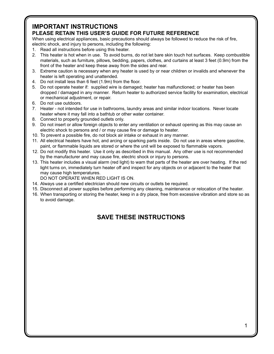 Important instructions, Save these instructions | Dimplex CUH05B31T User Manual | Page 3 / 6