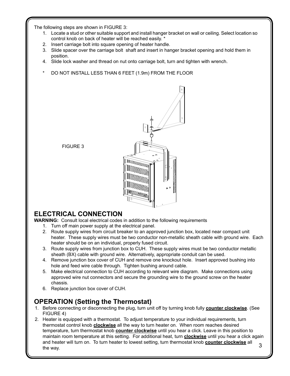 Electrical connection, Operation (setting the thermostat) | Dimplex CUH05B31T User Manual | Page 5 / 6
