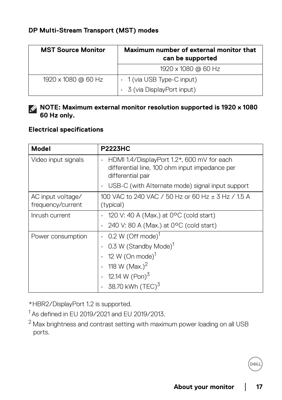Dp multi-stream transport (mst) modes, Electrical specifications | Dell P2223HC 21.5" 16:9 IPS Monitor User Manual | Page 17 / 82