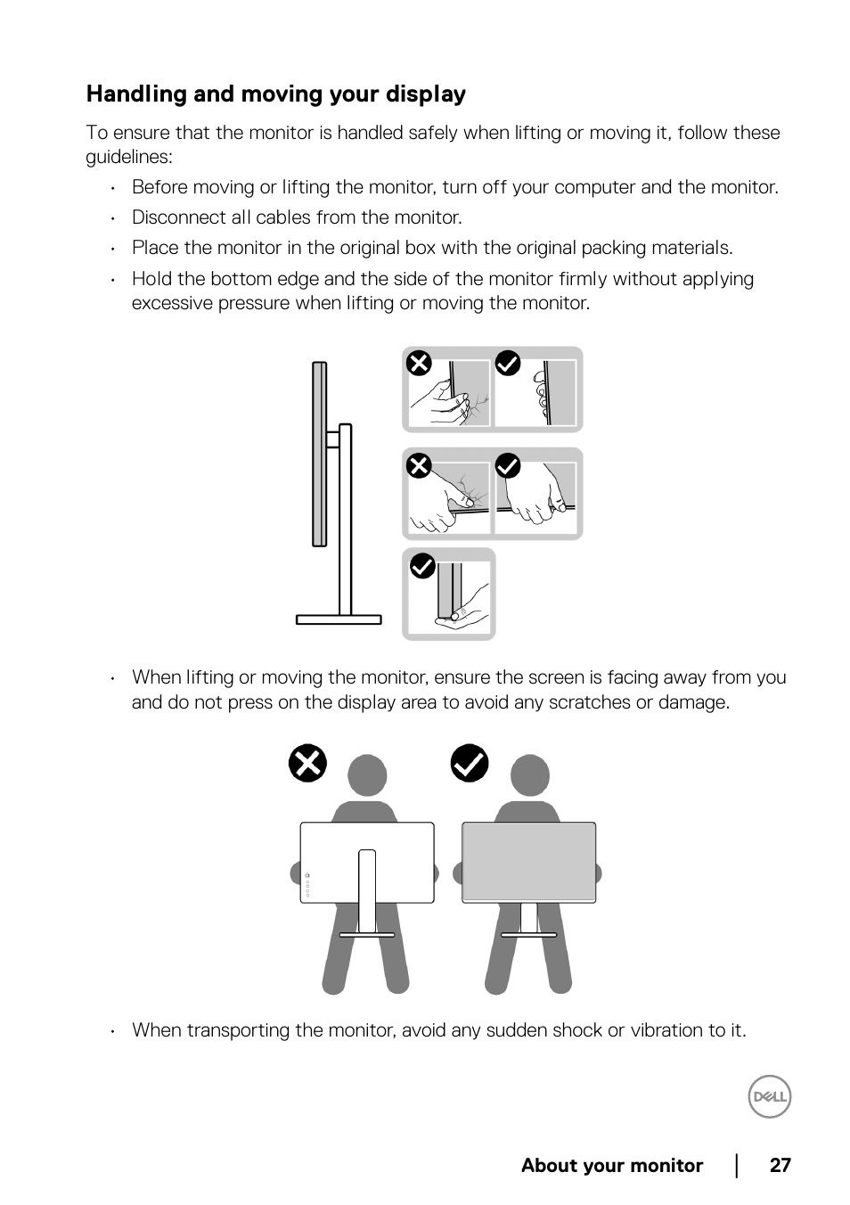 Handling and moving your display | Dell P2223HC 21.5" 16:9 IPS Monitor User Manual | Page 27 / 82