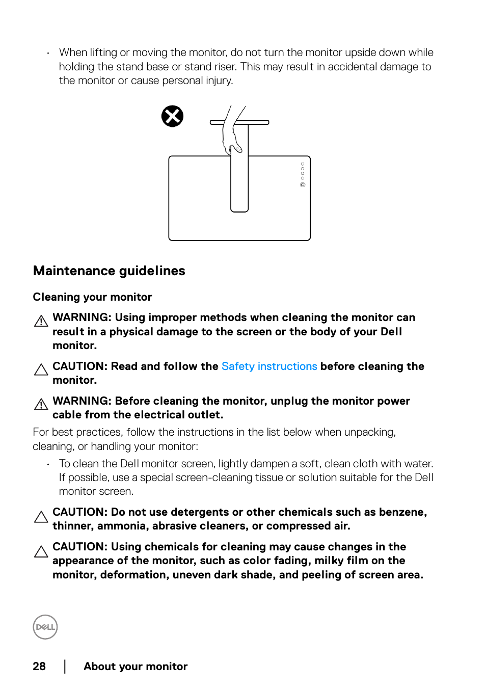 Maintenance guidelines, Cleaning your monitor | Dell P2223HC 21.5" 16:9 IPS Monitor User Manual | Page 28 / 82